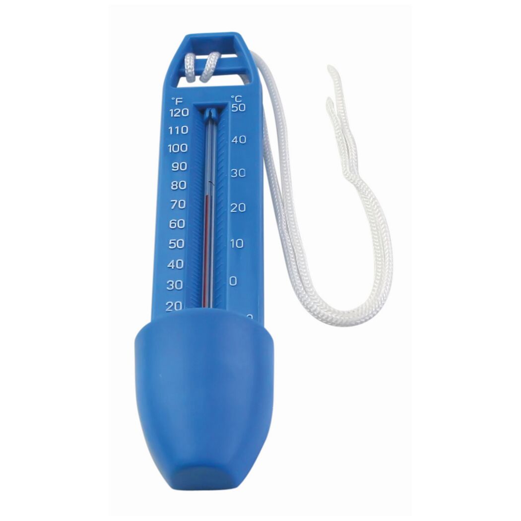 Blaues schwimmendes Poolthermometer mit Kordel.