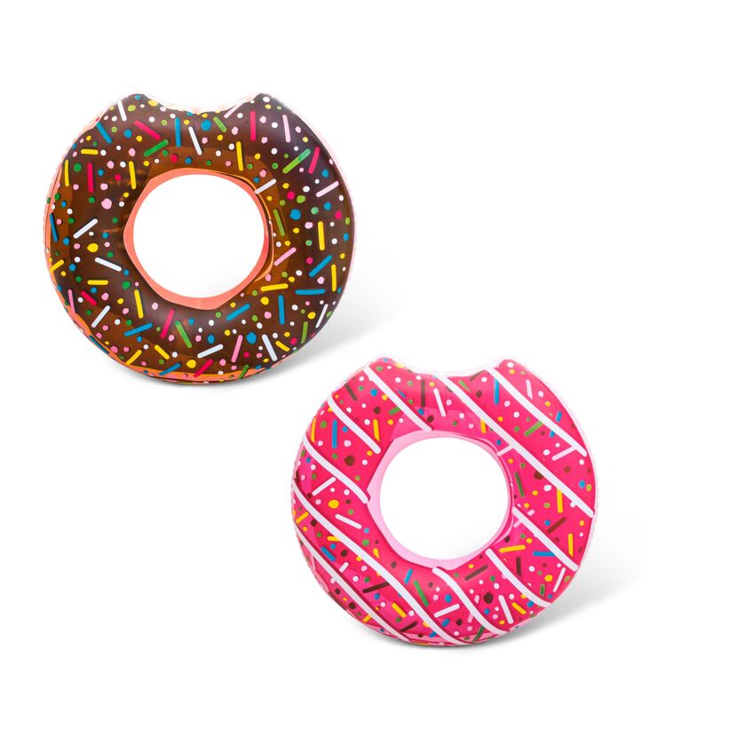 Zwei aufblasbare Schwimmringe in Donut-Form.