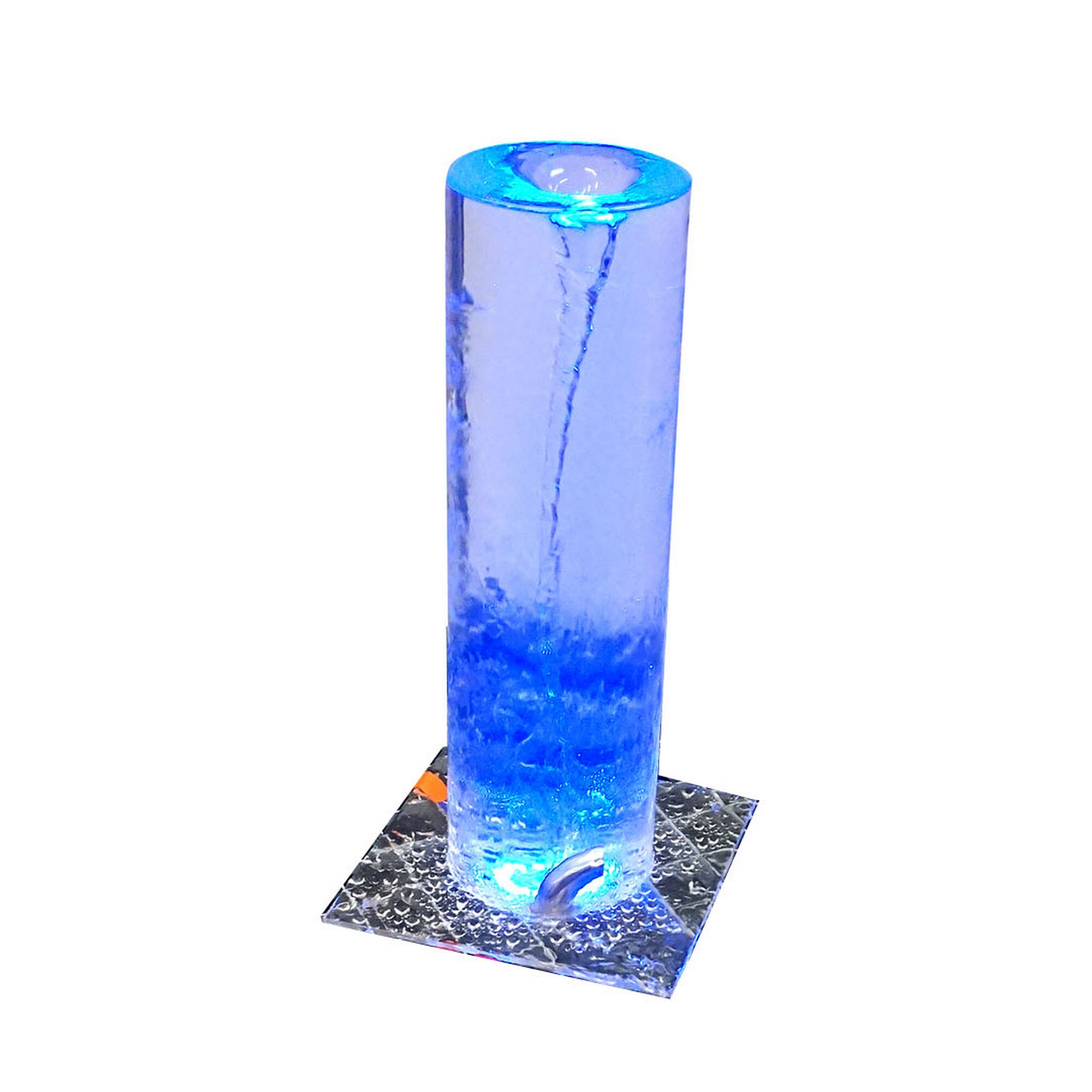 Wasserstrudel in einem durchsichtigen Zylinder mit blauer Beleuchtung