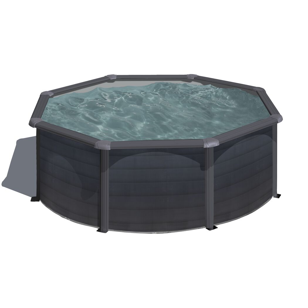 Runder, grauer Stahlrahmenpool mit Wasser gefüllt.