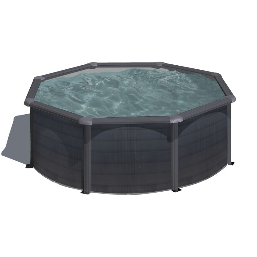 Runder, grauer Stahlrahmenpool mit Wasser gefüllt.