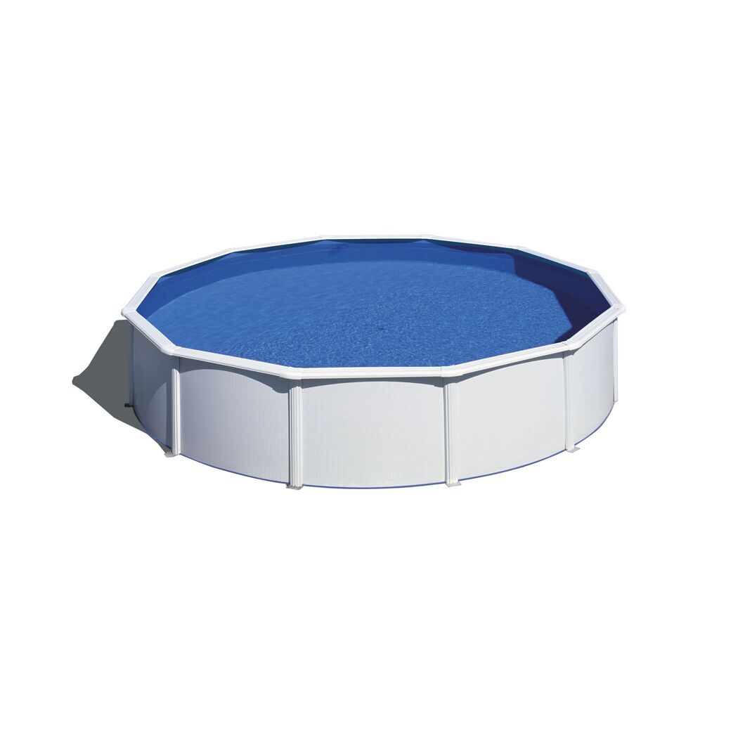 Aufstellpool rund, Stahl, weiß, mit blauem Wasser gefüllt.