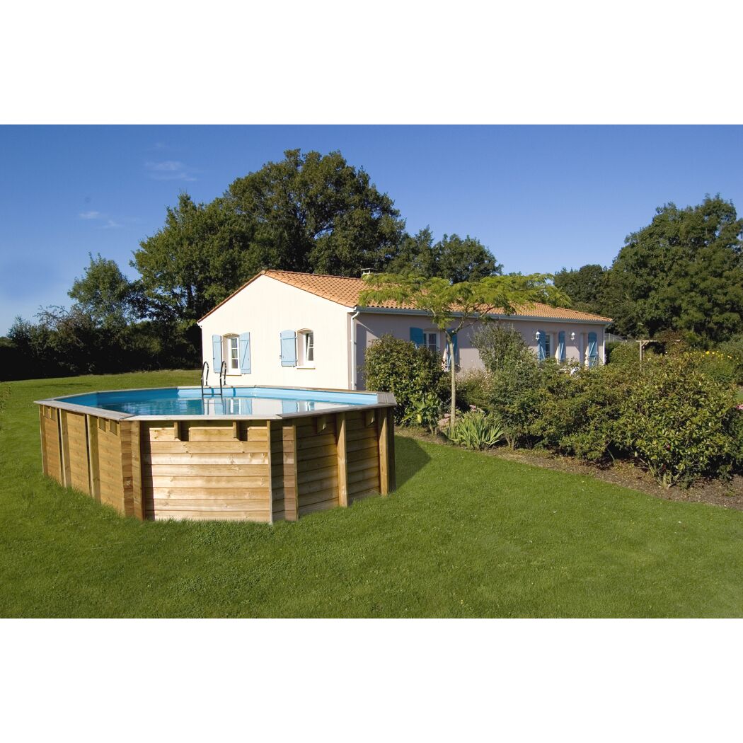 Massivholzpool-Set 'Vermela' 672 x 472 x 146 cm mit Edelstahlleiter, Holzleiter und Sandfilteranlage