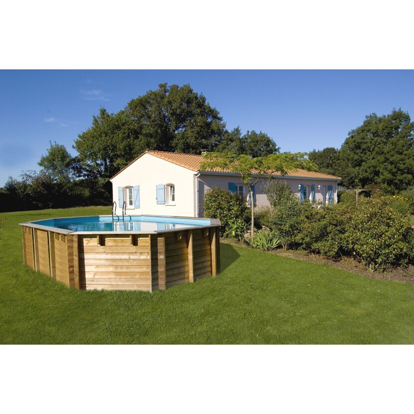 Massivholzpool-Set 'Vermela' 672 x 472 x 146 cm mit Edelstahlleiter, Holzleiter und Sandfilteranlage