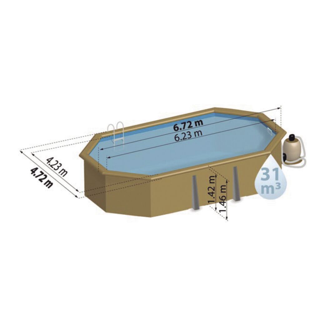 Massivholzpool-Set 'Vermela' 672 x 472 x 146 cm mit Edelstahlleiter, Holzleiter und Sandfilteranlage