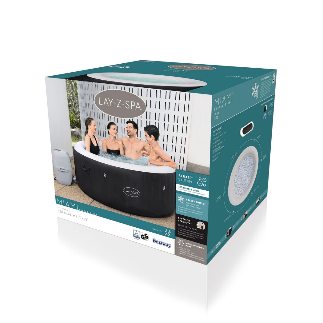 Lay-Z-Spa Miami auf Verpackung, drei Personen im Whirlpool