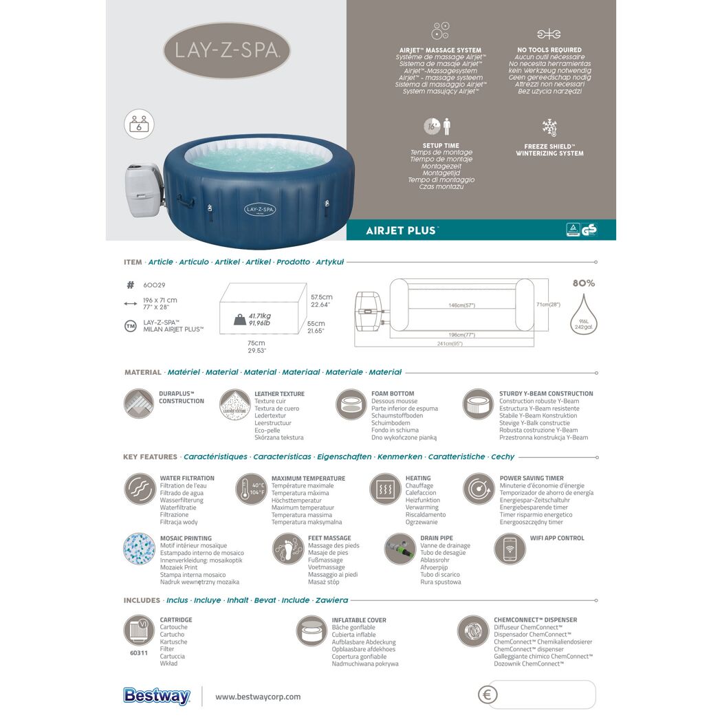 Aufblasbarer Whirlpool Lay-Z-Spa Milan AirJet Plus