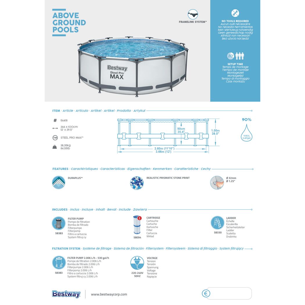 Bestway Steel Pro MAX Aufstellpool, rund, 366 x 100 cm