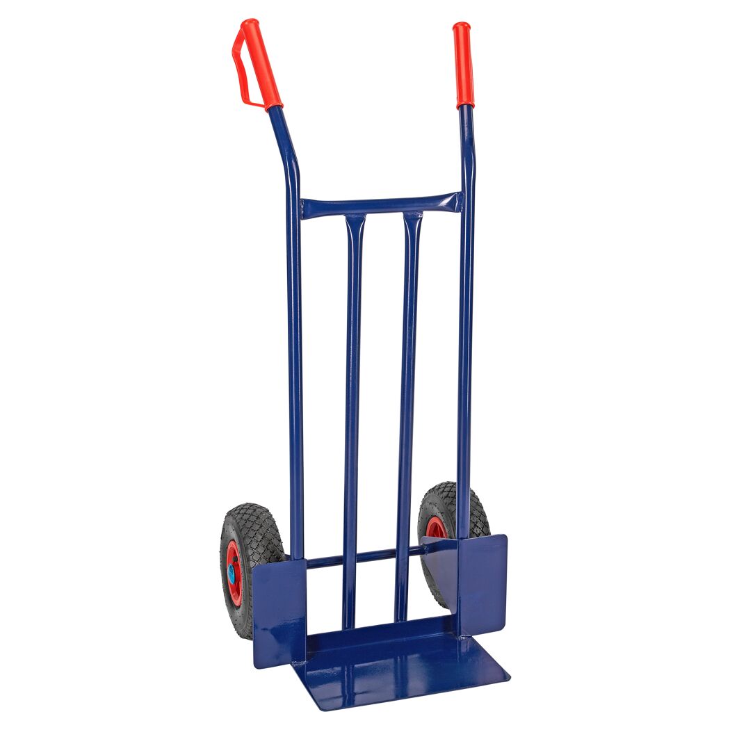 Blaue Sackkarre mit roten Griffen und Luftreifen.
