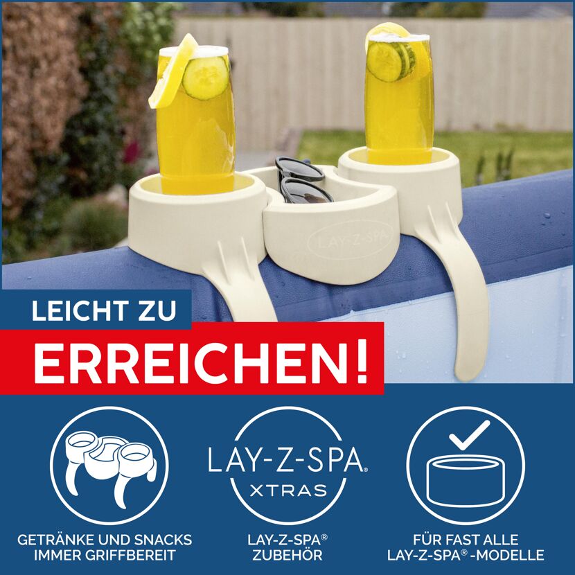 Lay-Z-Spa Getränkehalter mit Getränken und Sonnenbrille