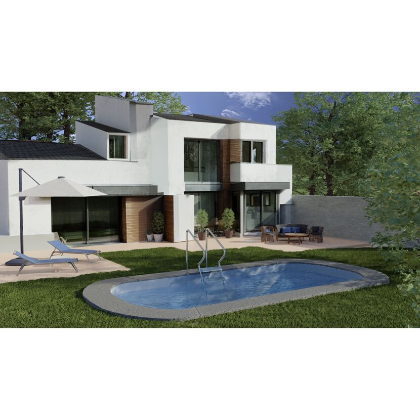 Ovalpool im Garten eines modernen Hauses