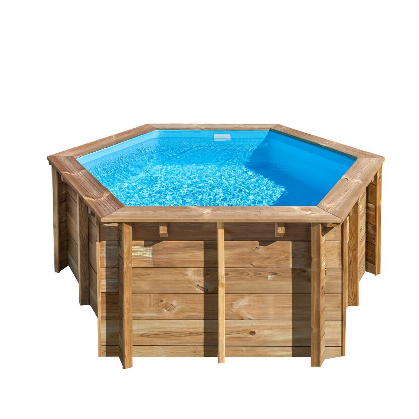 Sechseckiger Pool mit Holzrahmen