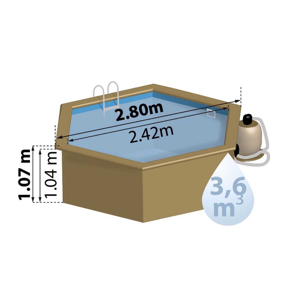 Sechseckiger Holzpool mit Leiter und Pumpe. Maße: 2,80 m x 2,42 m x 1,07 m, 3,6 m³