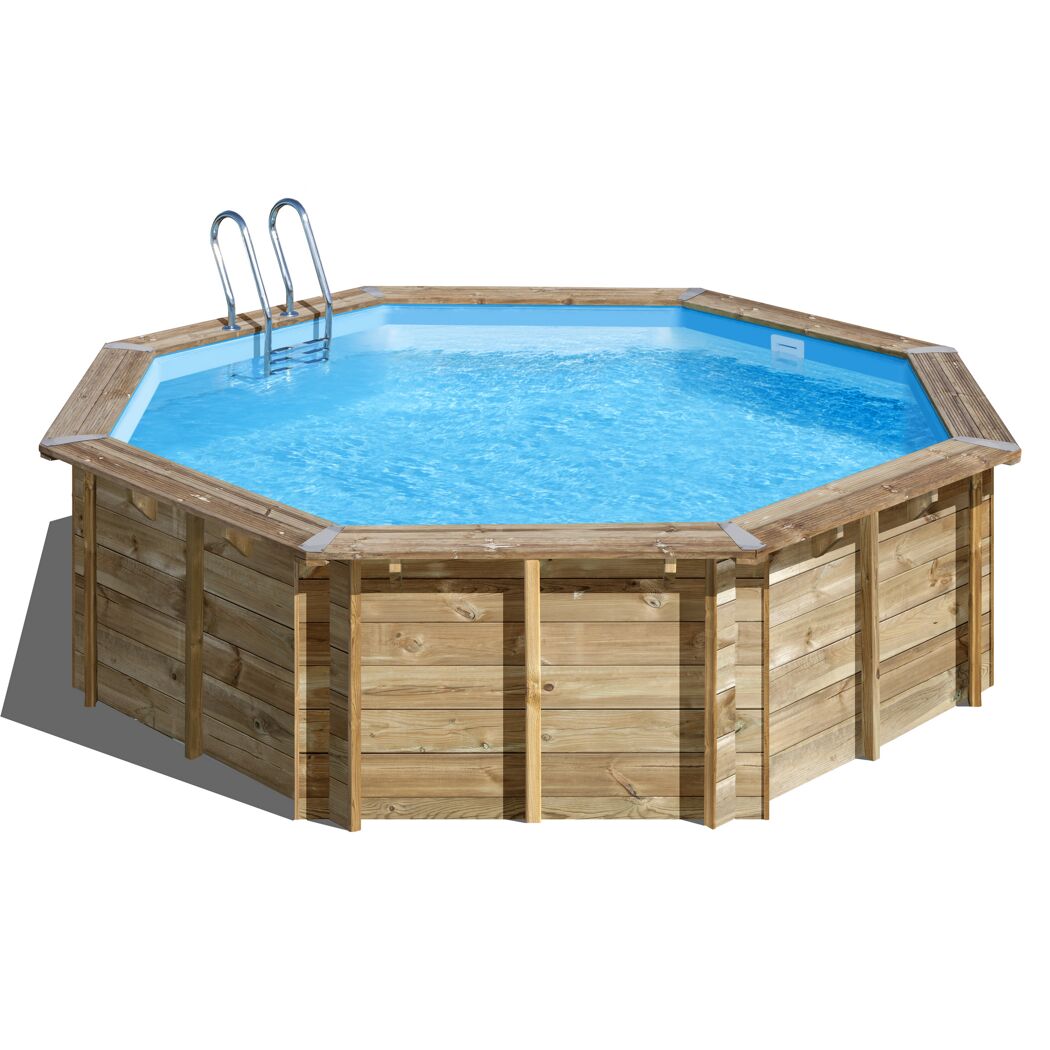 Achteckiger Holzpool mit blauer Innenfolie und Leiter.