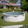 Aufgestellter Rundpool NORDIC mit Holzoptik im Garten