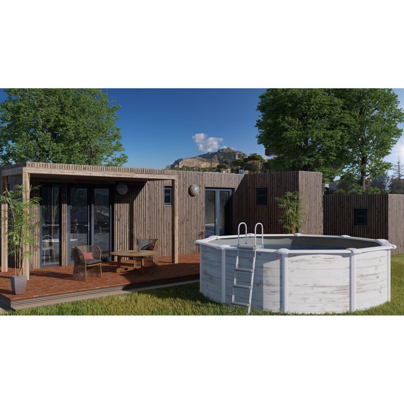 Aufstellpool neben Holzhaus mit Terrasse