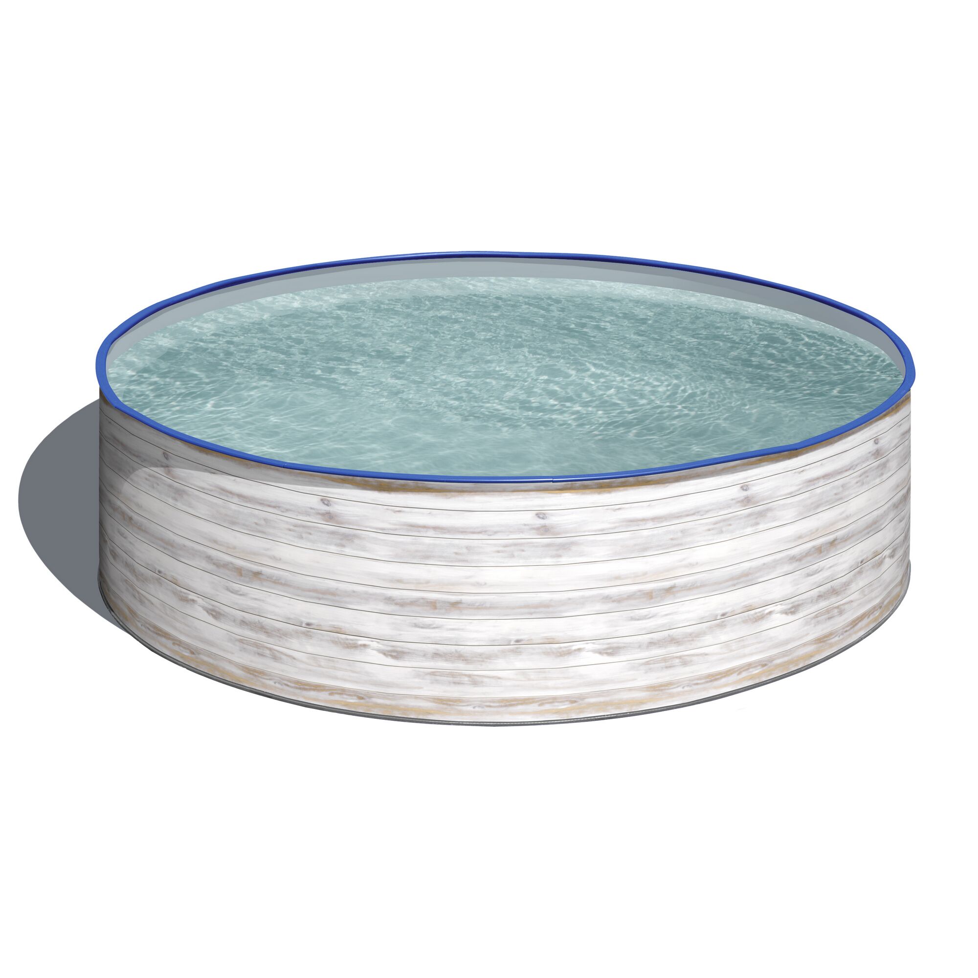 Runder Pool mit Holzoptik und blauem Rand