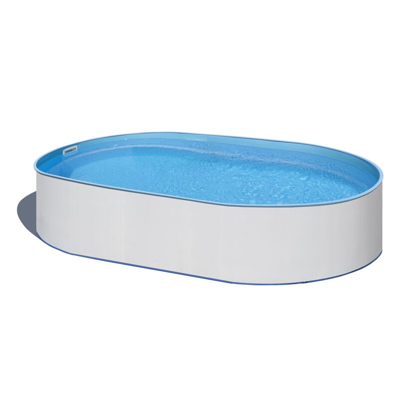 Ovaler Aufstellpool mit blauem Wasser gefüllt.