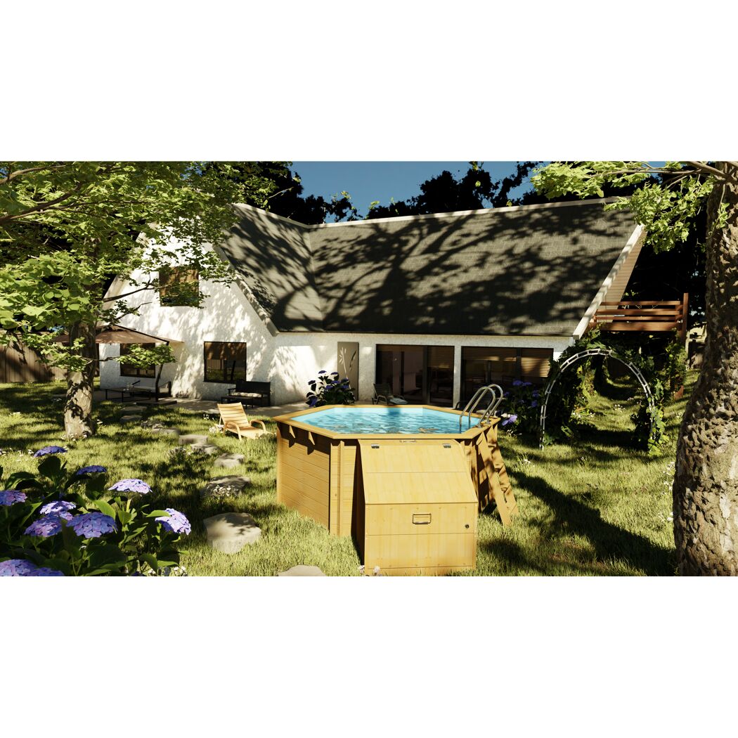 Holzpool im Garten mit Technikraum