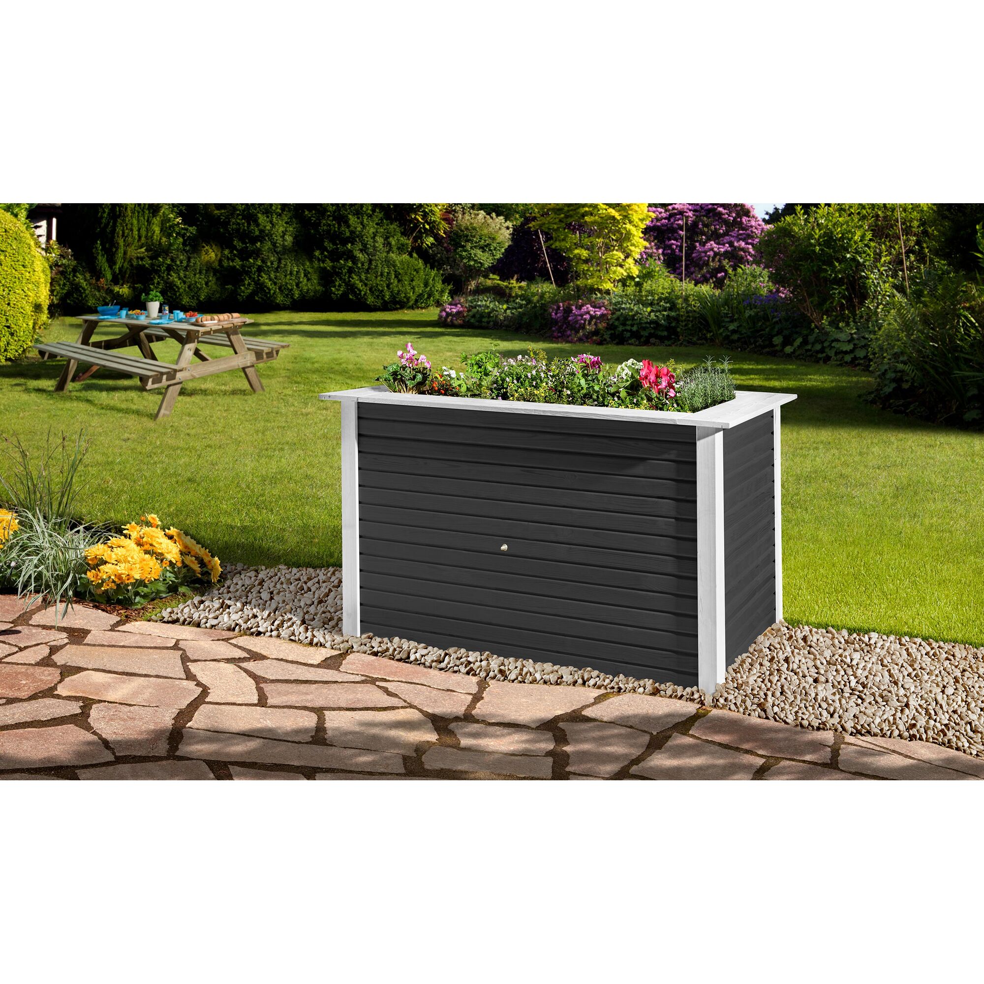 Anthrazitfarbenes Hochbeet weka Line mit Bepflanzung