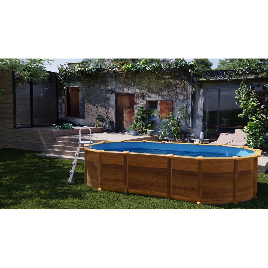 Ovaler Stahlwandpool in Holzoptik mit Leiter