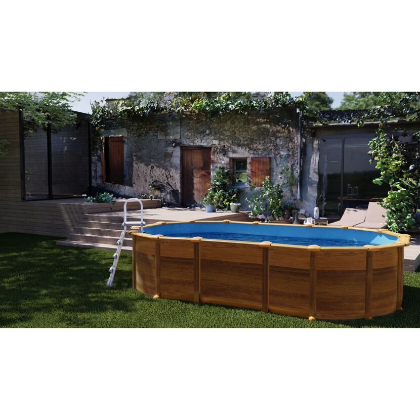 Ovaler Stahlwandpool in Holzoptik mit Leiter