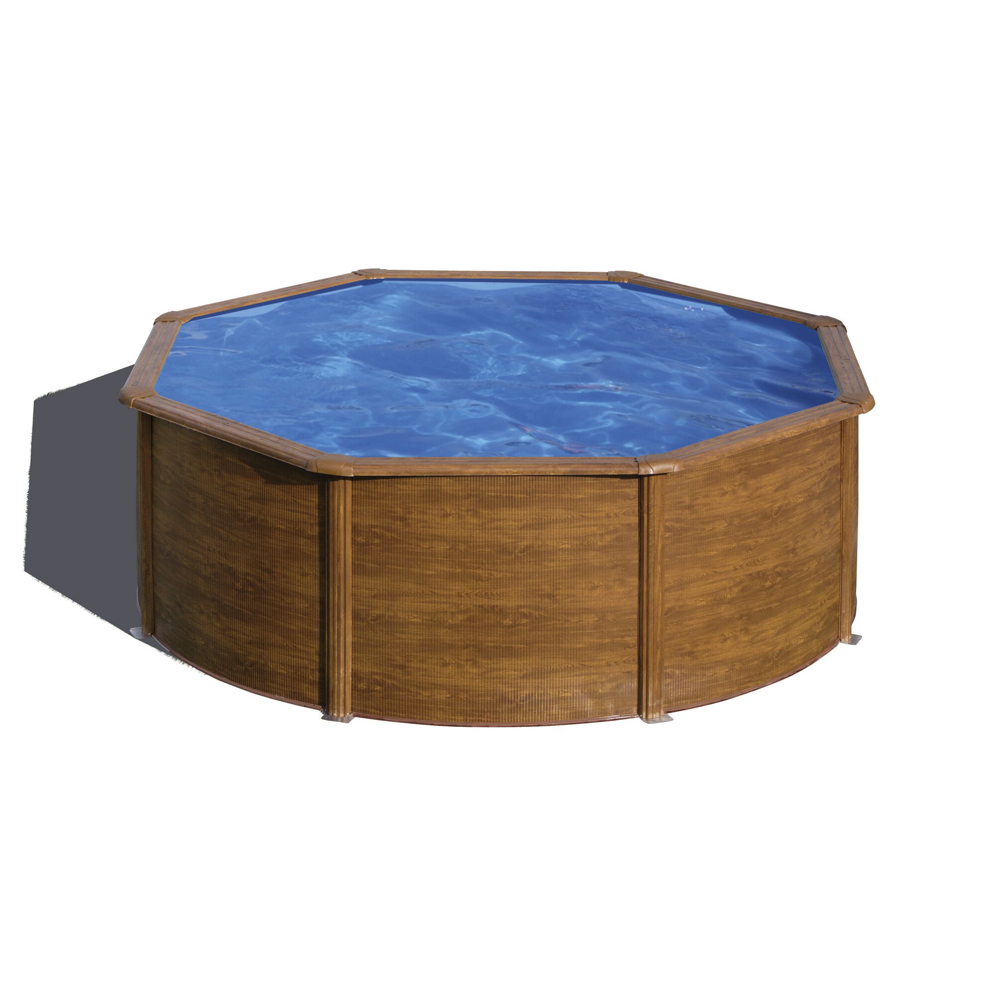 Achteckiger Stahlwandpool mit Holzoptik