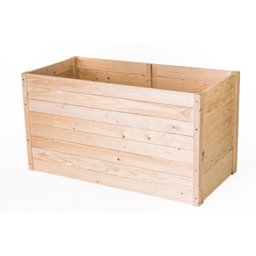 Leeres Hochbeet Emma aus hellem Holz.