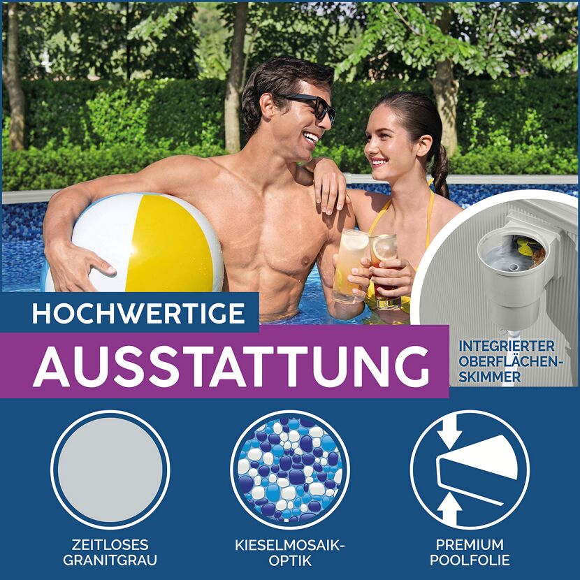 Zwei Personen entspannen im Stahlwandpool mit Getränken
