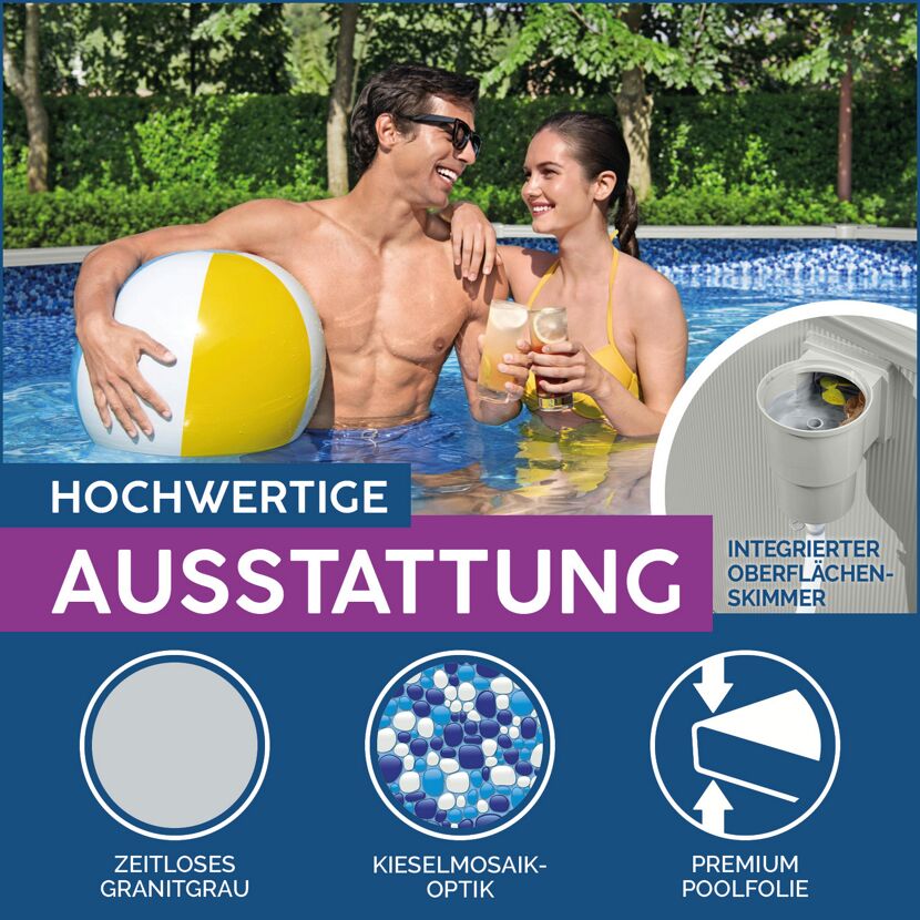 Zwei Personen im Stahlwandpool mit Getränken und Ball