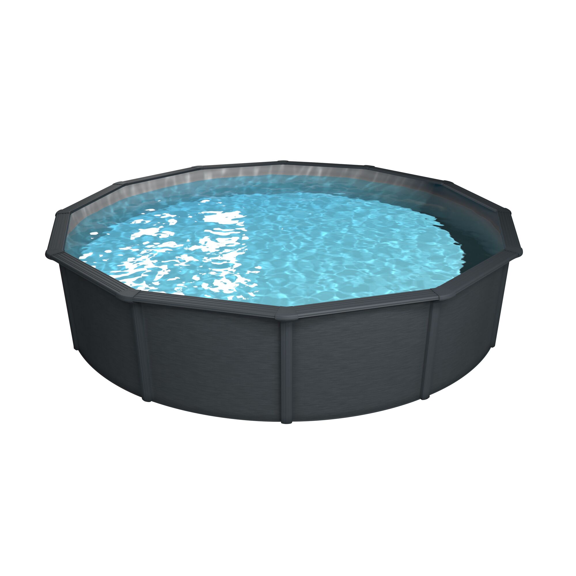 Runder, grauer Stahlwandpool mit Wasser gefüllt.