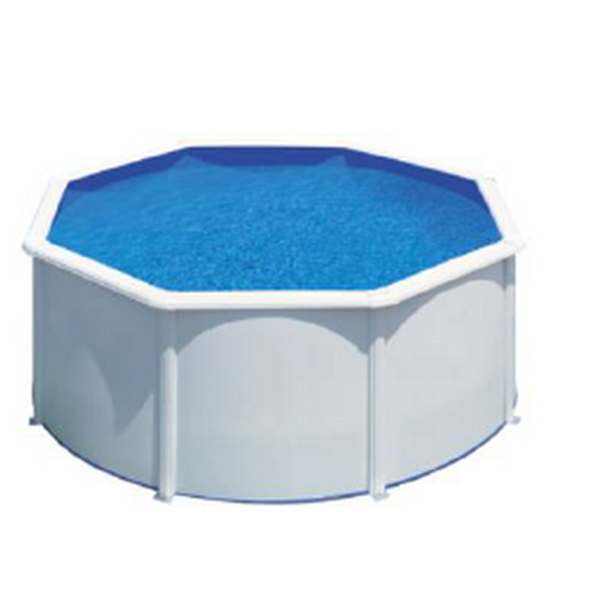 Achteckiger, weißer Aufstellpool mit blauem Wasser.