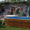 Ovaler Pool in Holzoptik mit Leiter im Garten
