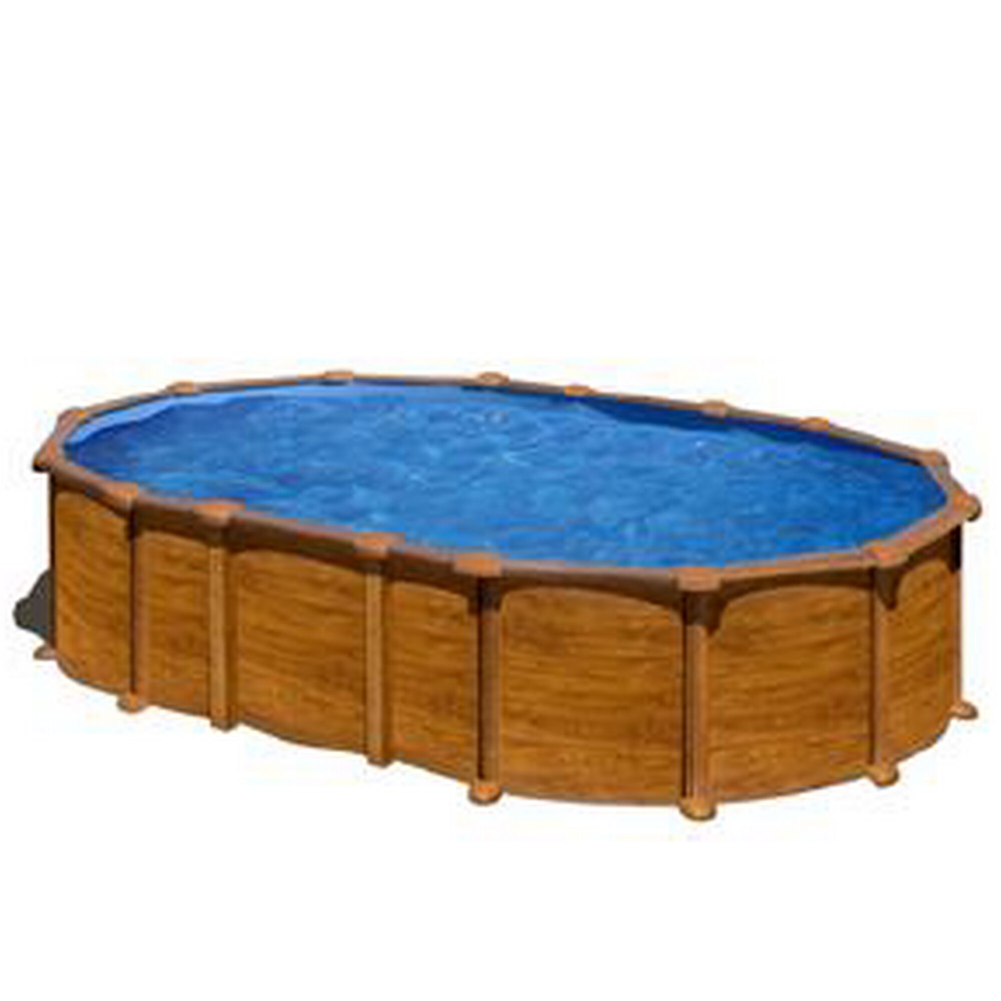 Ovaler Pool in Holzoptik mit blauem Wasser gefüllt.