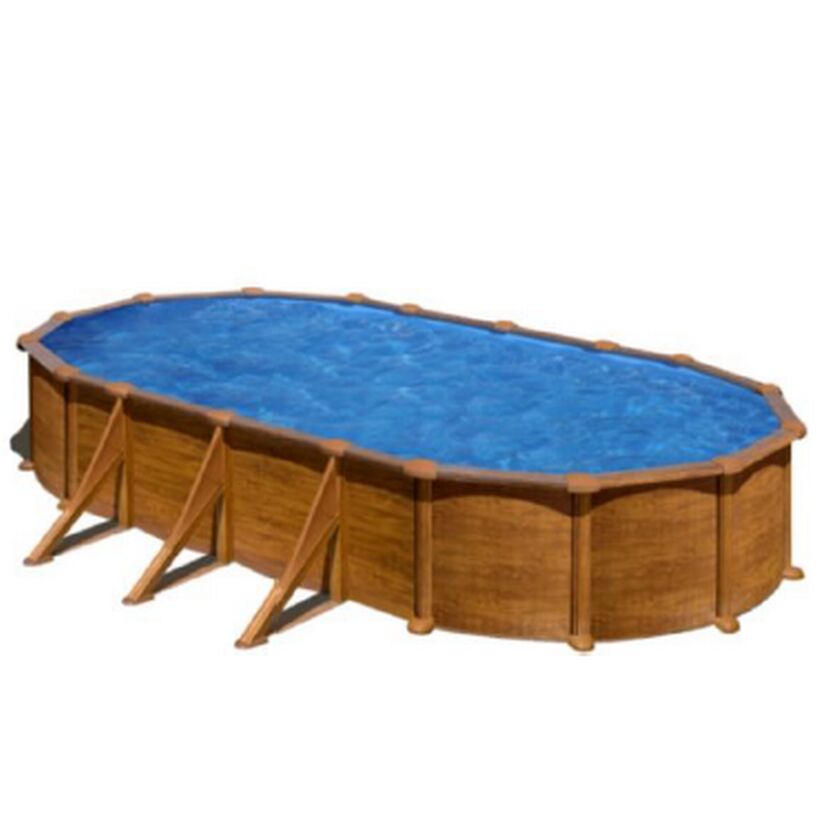 Ovaler Pool in Holzoptik mit blauem Wasser