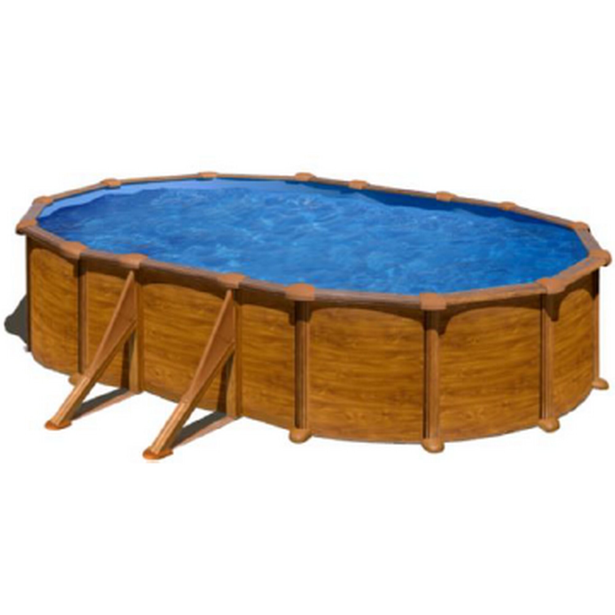 Ovaler Aufstellpool in Holzoptik mit blauem Wasser gefüllt.