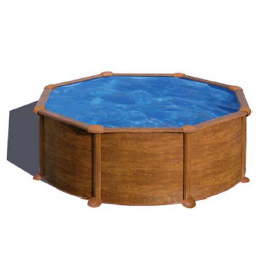 Aufstellpool in Holzoptik mit blauem Wasser gefüllt.