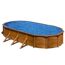 Ovaler Pool in Holzoptik mit blauem Wasser.