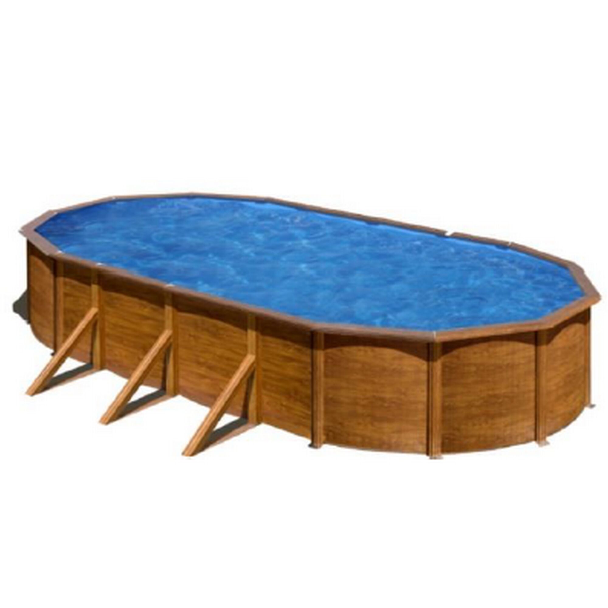 Ovaler Pool in Holzoptik mit blauem Wasser.