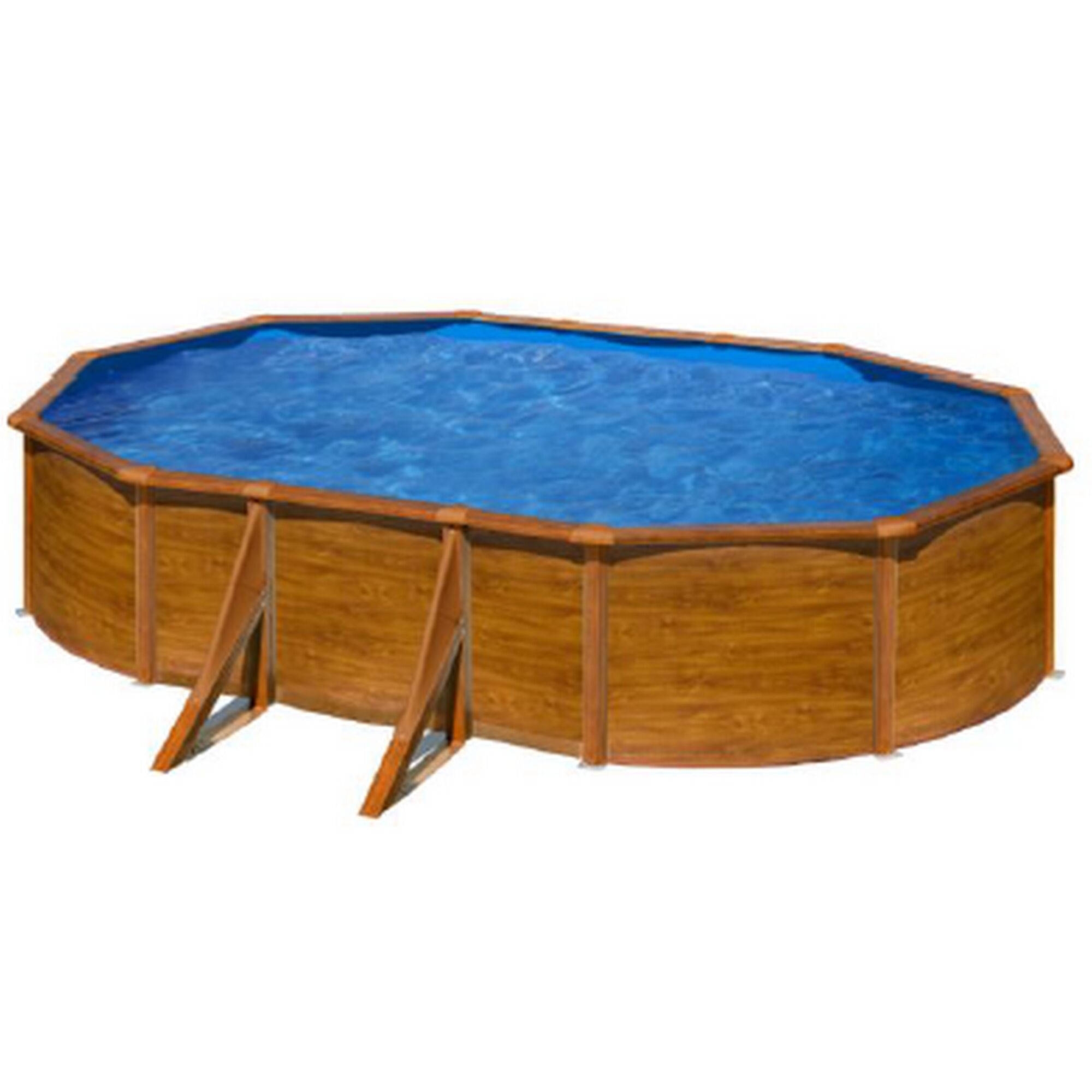 Ovaler Pool in Holzoptik mit blauem Wasser.