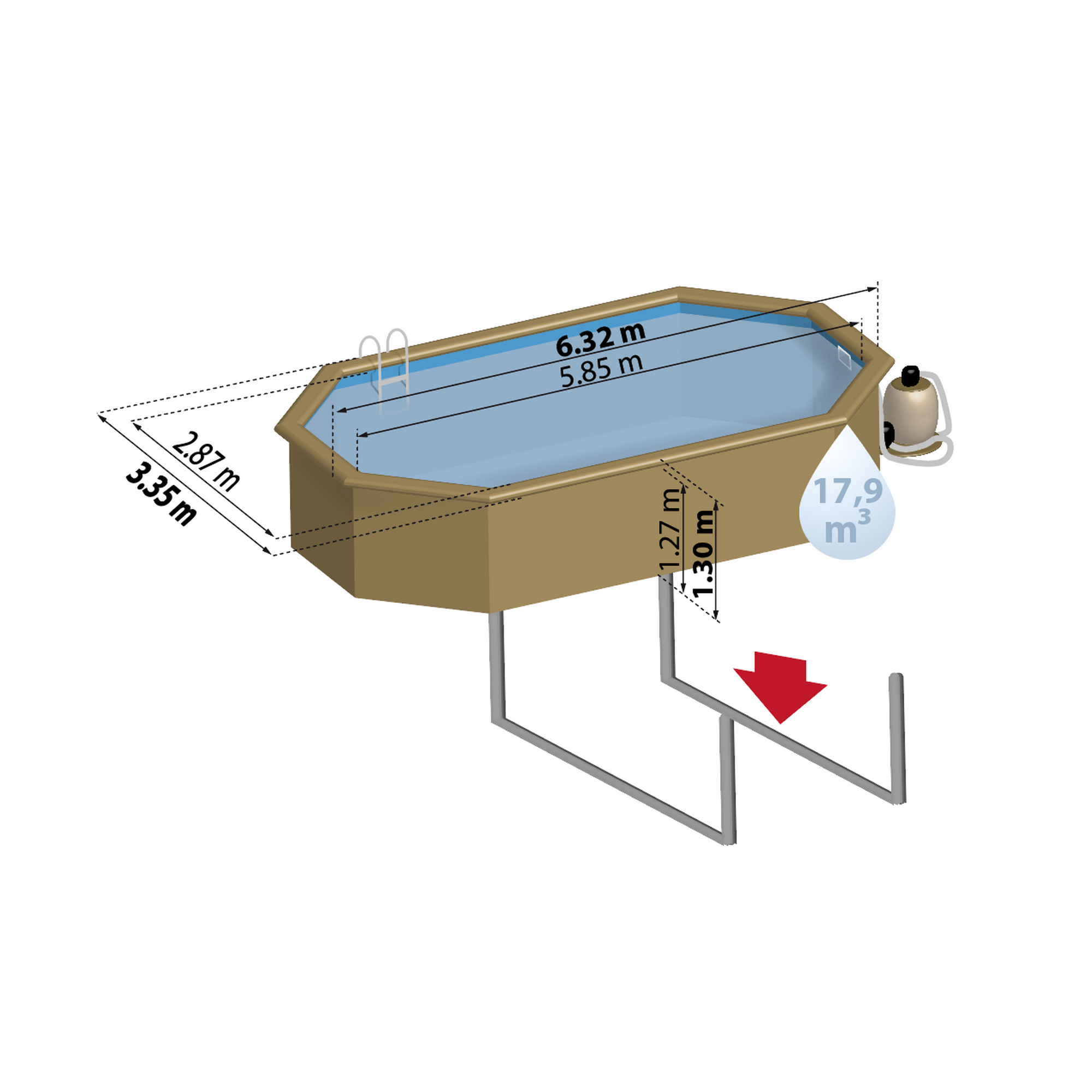 Massivholzpool-Set 'Macadamia' 632 x 335 x 130 cm mit Edelstahlleiter, Holzleiter und Sandfilter + product picture