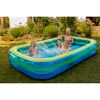 Zwei Kinder und eine Erwachsene plantschen in einem blauen und grünen Pool.