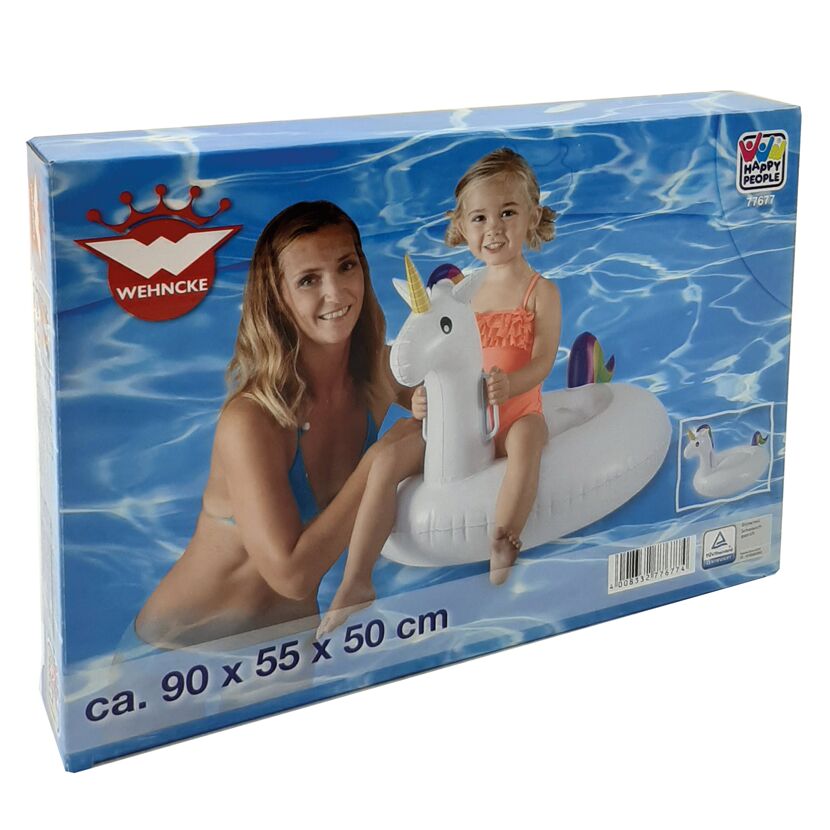 Kind auf aufblasbarem Einhorn-Schwimmtier