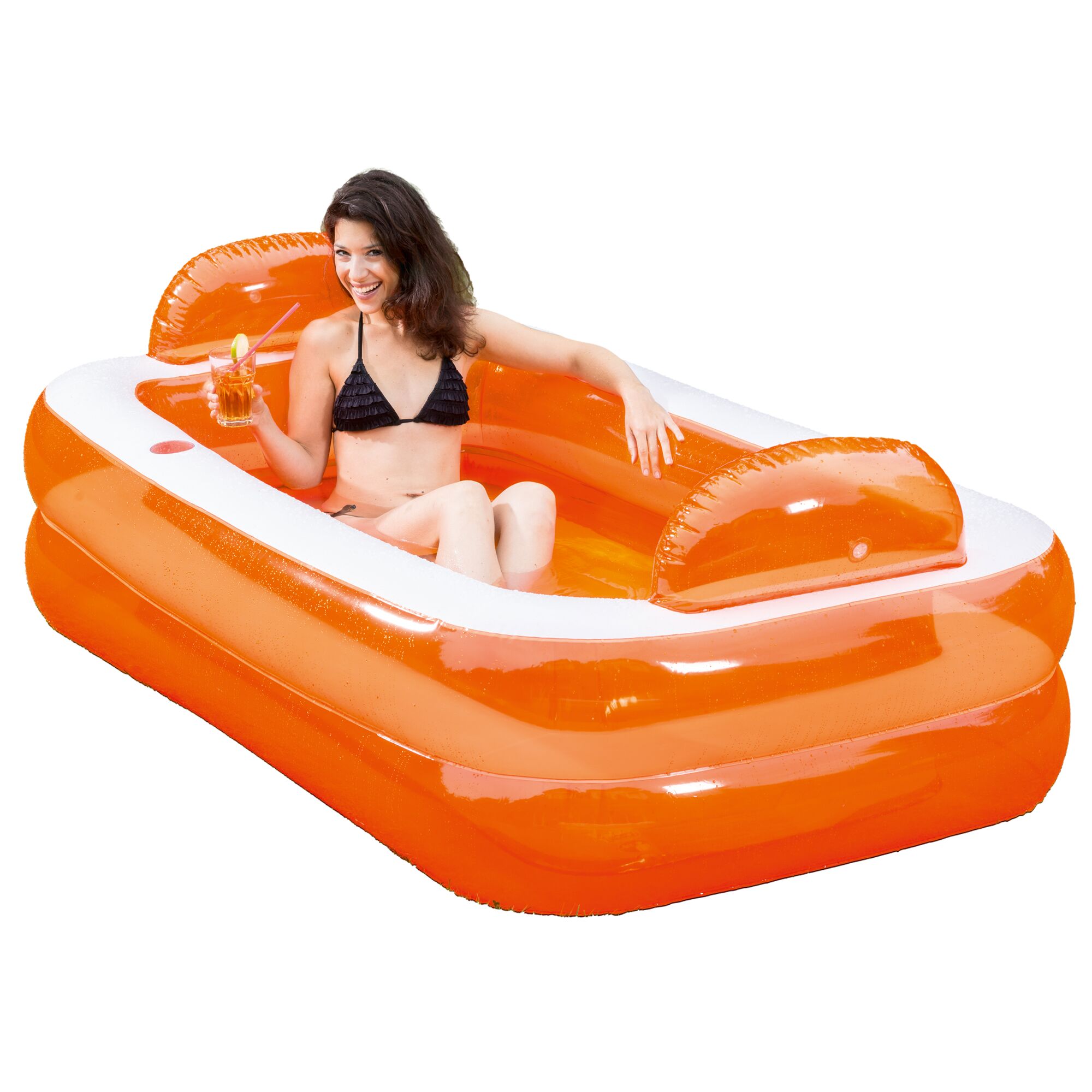 Person entspannt im orangen Relax-Pool