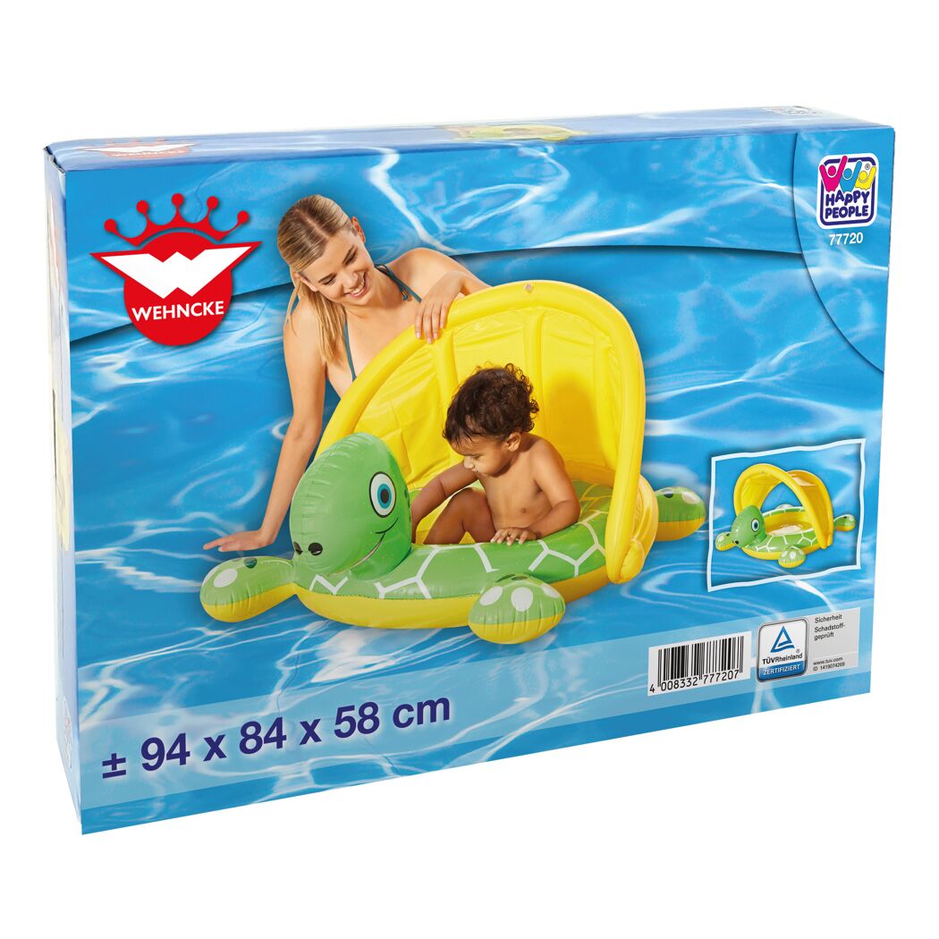 Baby im aufblasbaren Schildkröten-Pool mit Sonnenschutz