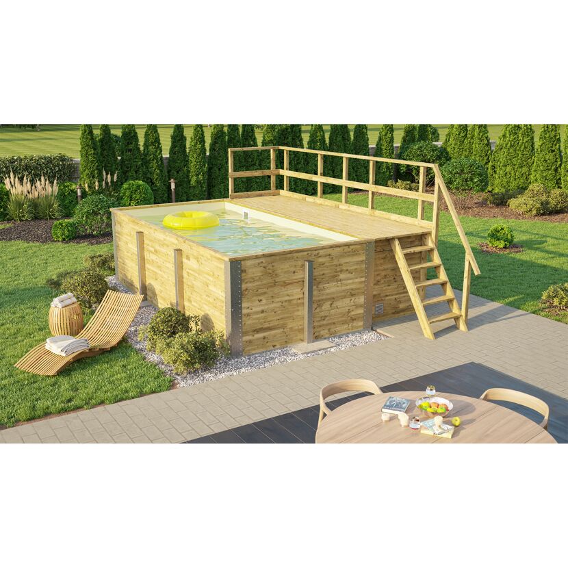 Rechteckiger Holzpool mit Holzterrasse und Leiter