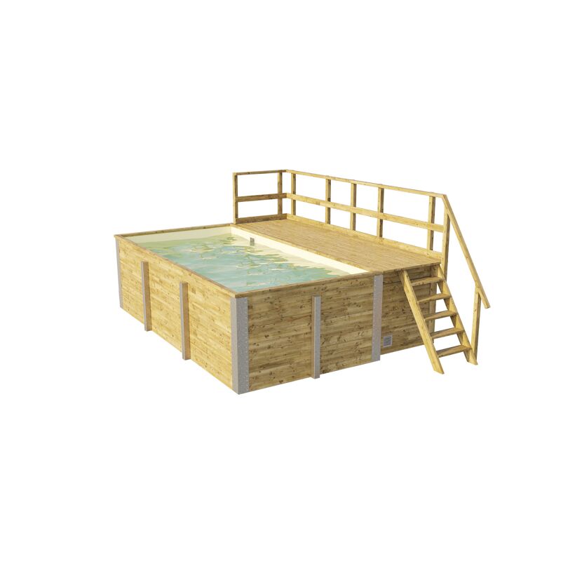 Rechteckiger Holzpool mit Holzleiter und Geländer.