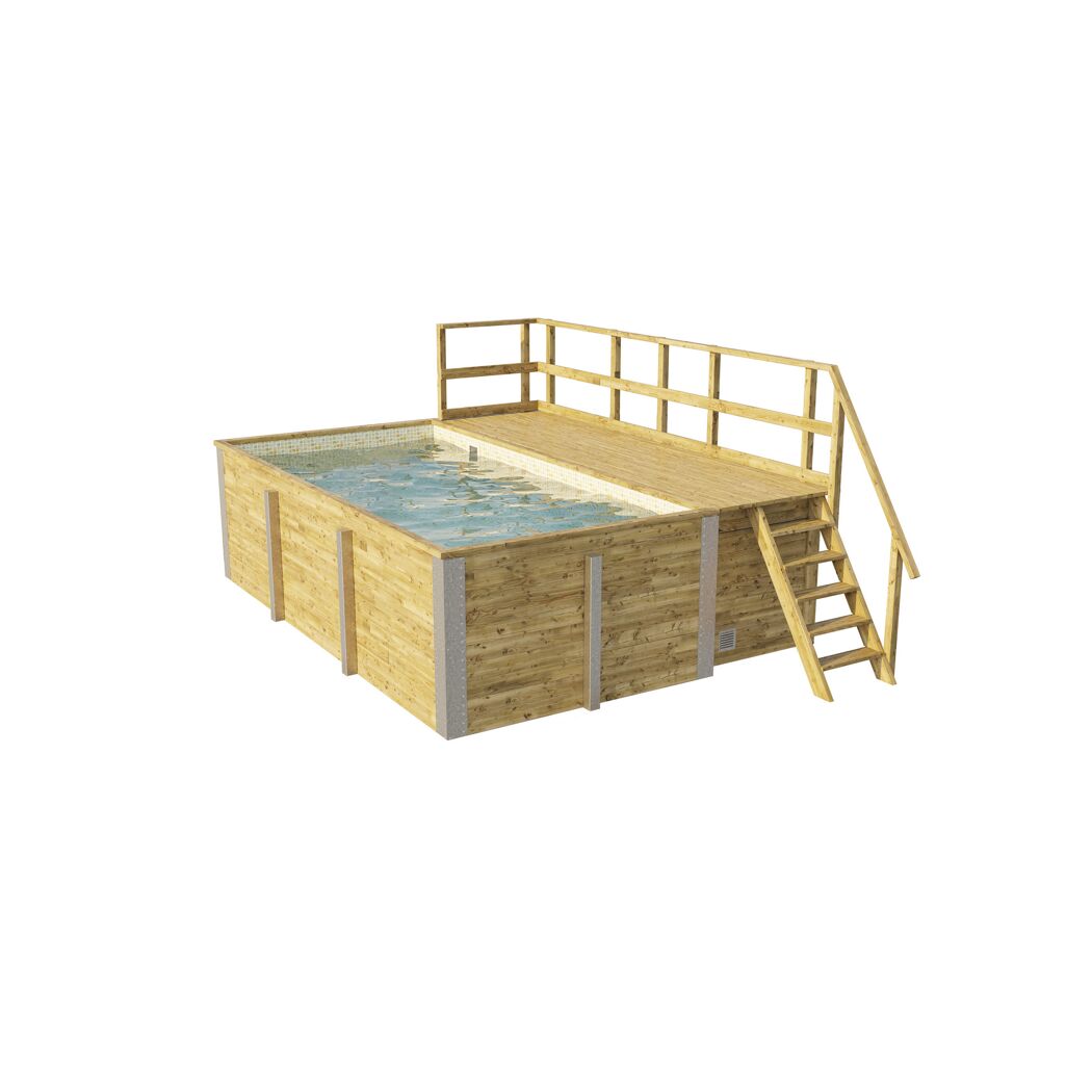 Rechteckiger Holzpool mit Holzdeck und Leiter.