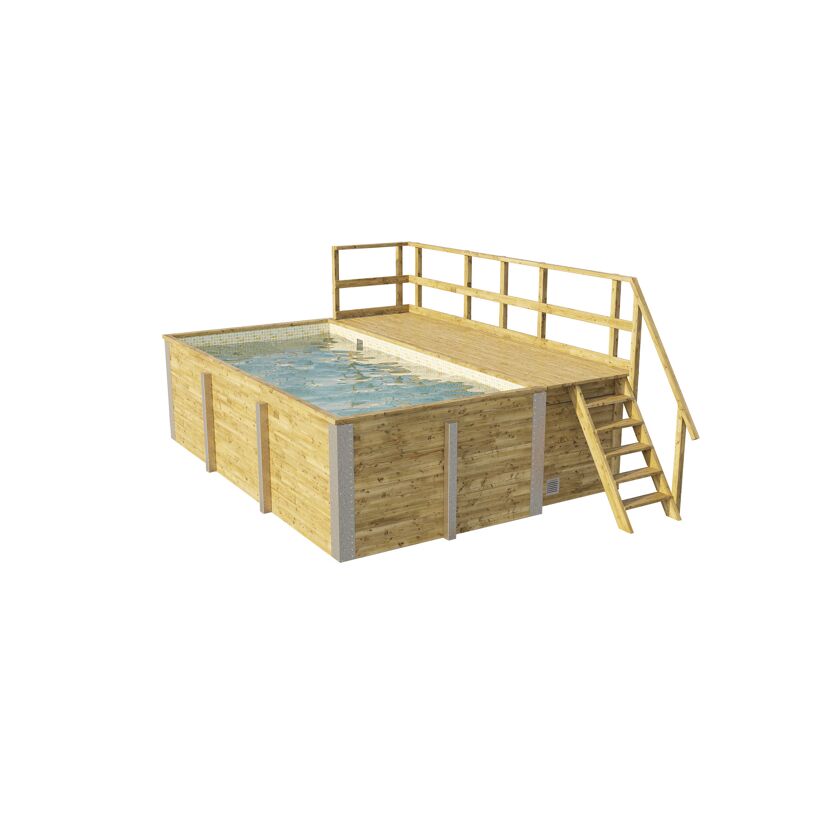 Rechteckiger Holzpool mit Holzdeck und Leiter.