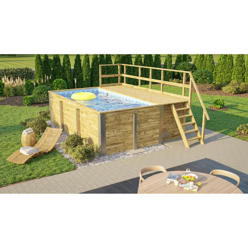 Holzpool im Garten mit Terrasse und Leiter.